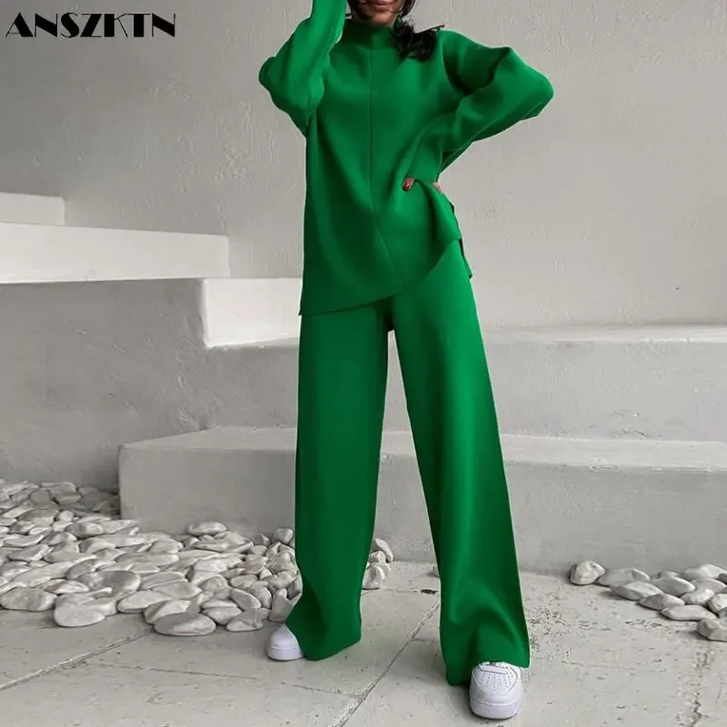 ANSZKTN Autumn Winter Long Sleeve Sweater Pants Women Set