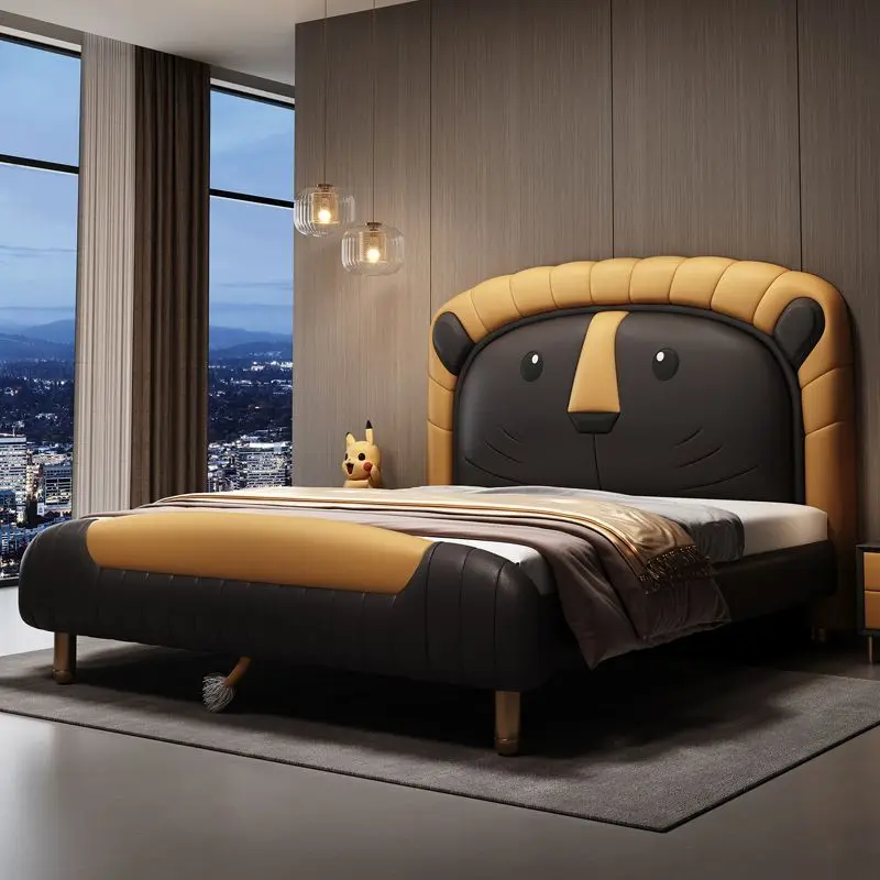 

Fun Leather Bed Frame Lion Appearance Pneumatic Storage Adjustable Hue Perfect for Kids' Decor