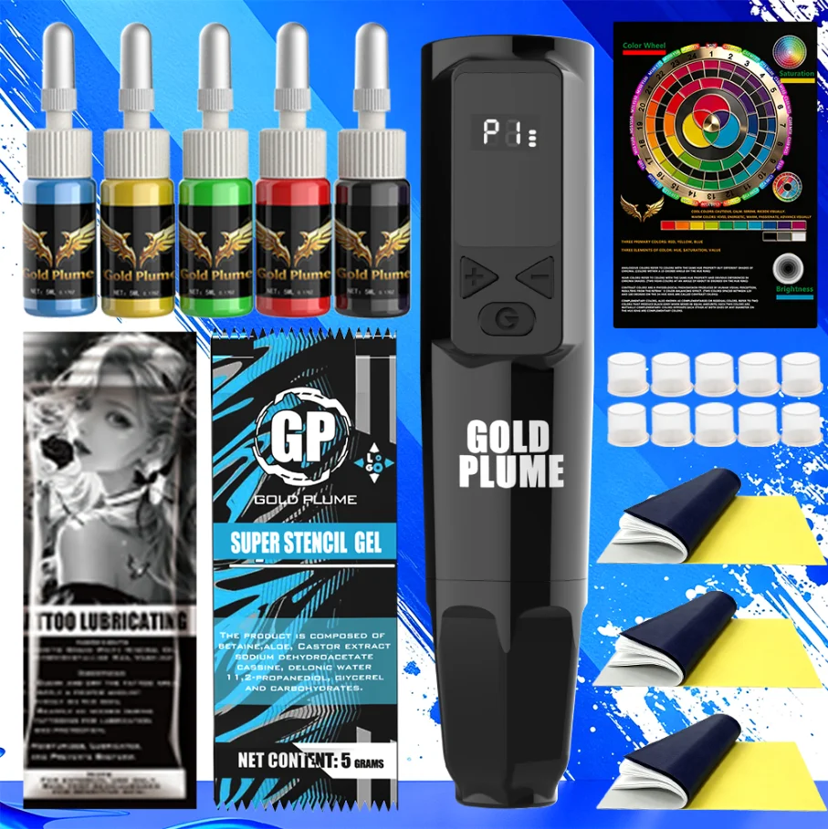 Gold Plume Black Wireless Tattoo Pen Kit Rotary Tattoo Gun with Tattoo Ink and Stencil Gel Full Tattoo Set for Body Art