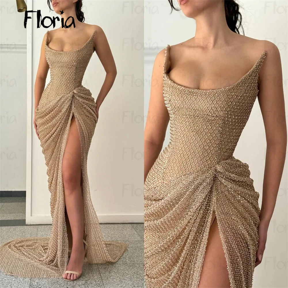 Floria Khaki Scoop Neck Cocktail Dress High Split Birthday Party Night Gowns Women Luxury Wedding Event Guest Dresses Dubai