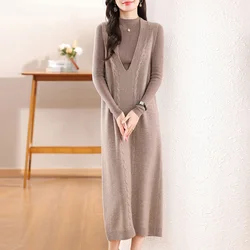 100% Merino Wool Women's Dress, Pattern, Elegant, Sleeveless, Knitted, V-Neck, Warm, Long Vest, Autumn/Winter 2024, Clothing