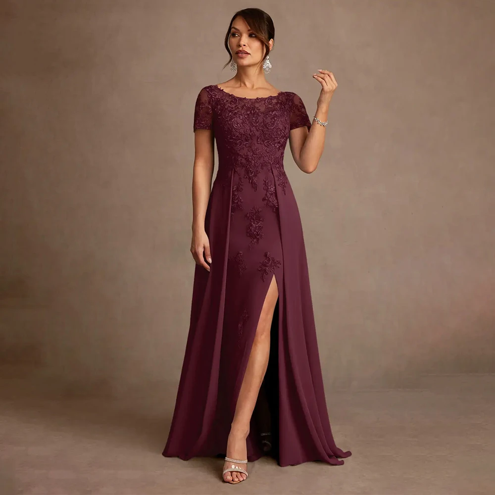 Mother of Bride Dresses Wedding Appliques Short Sleeve Front Slit Mother of the Bride Dress Elegant Evening Gowns Mother Dress