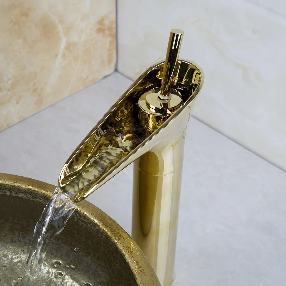 Gold Waterfall Spout Single Handle Taps Bathroom Basin Mixer Faucet Deck Mounted