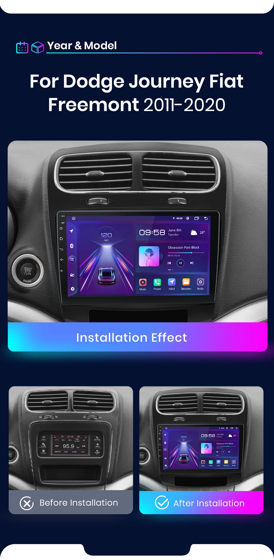 Junsun AI 4G LTE Wireless CarPlay Android Auto Autoradio für Dodge Journey Fiat Freemont 2011 2012-2020 GPS Navi BT DSP RDS FM – Detail 3