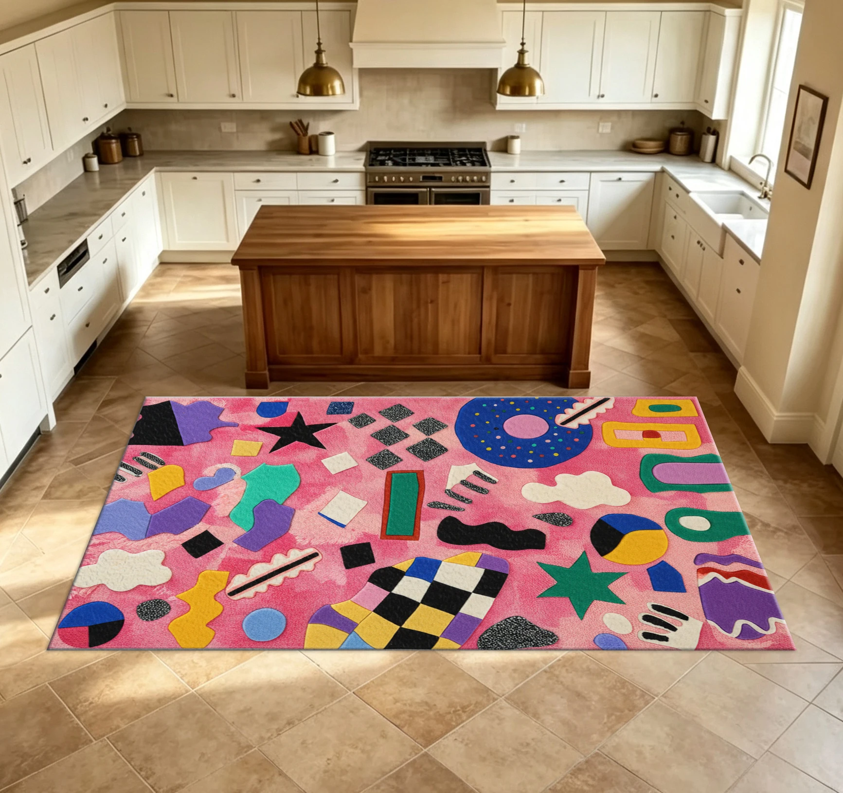 Y2K Pink Abstract Pop Art Rug, Vintage 90S Colorful Geometric Star Non-Slip Floor Mat for Teen Bedroom Aesthetic Home Decor