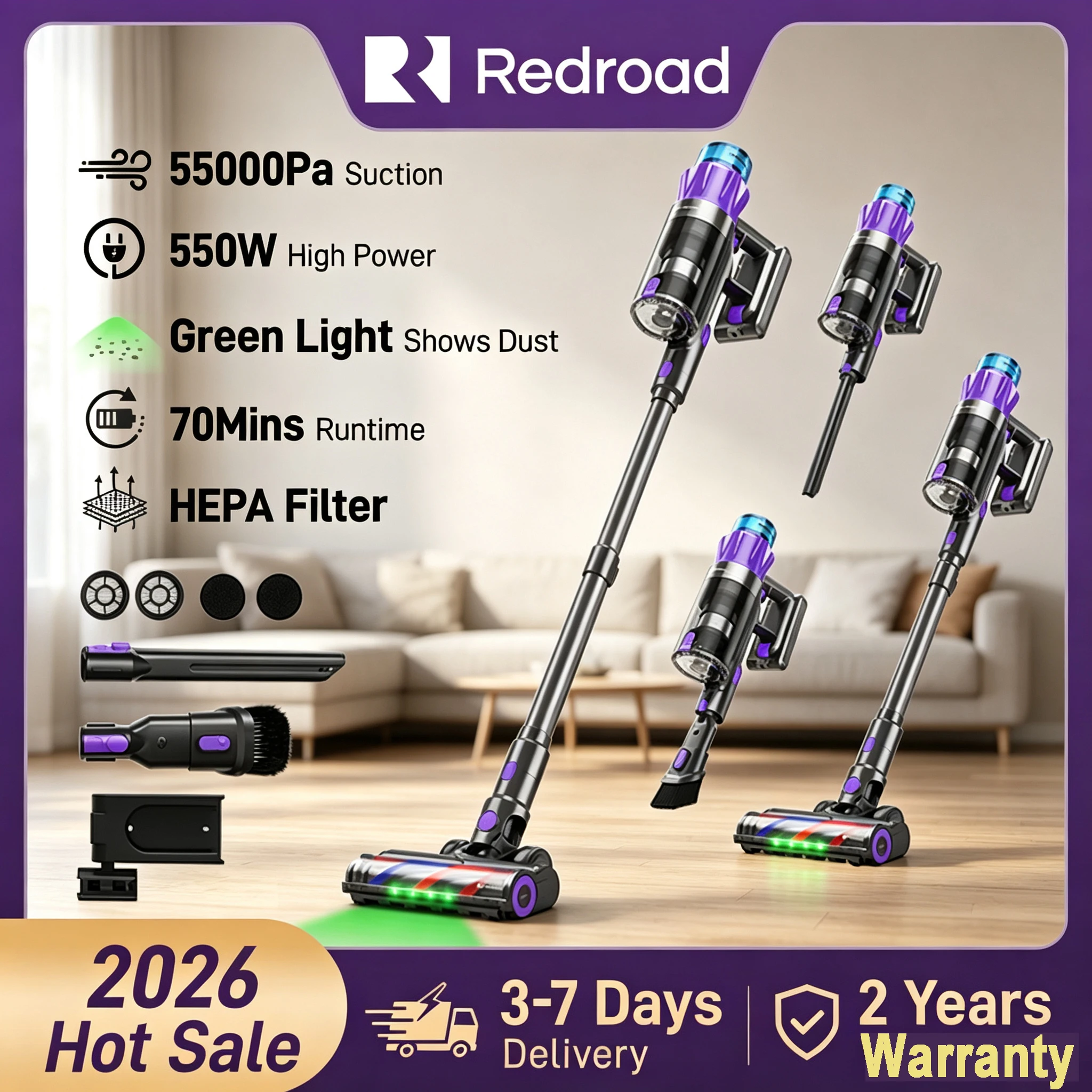 Redkey (P9 PRO) Aspirapolvere Senza Fili 550W Motore Brushless 55KPA Potente Aspirazione Schermo Touch Completo Batteria a 8 Celle 70 Minuti di Autono
