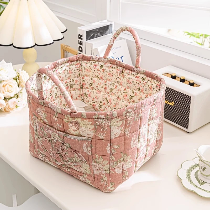 Home Fabric Storage Bag Retro Pastoral Portable Clothes Sundries Sorting Basket Large Capacity Home Floral Storage Organizer