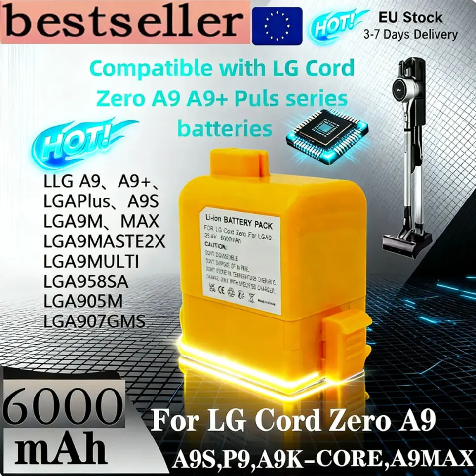 Batería de aspiradora de mayor calidad de 6.0Ah EAC63758601 para LG Cord Zero A9, Cord Zero A9+, A9, Cord Zero A9 Plus, A9M, A958, A958SK