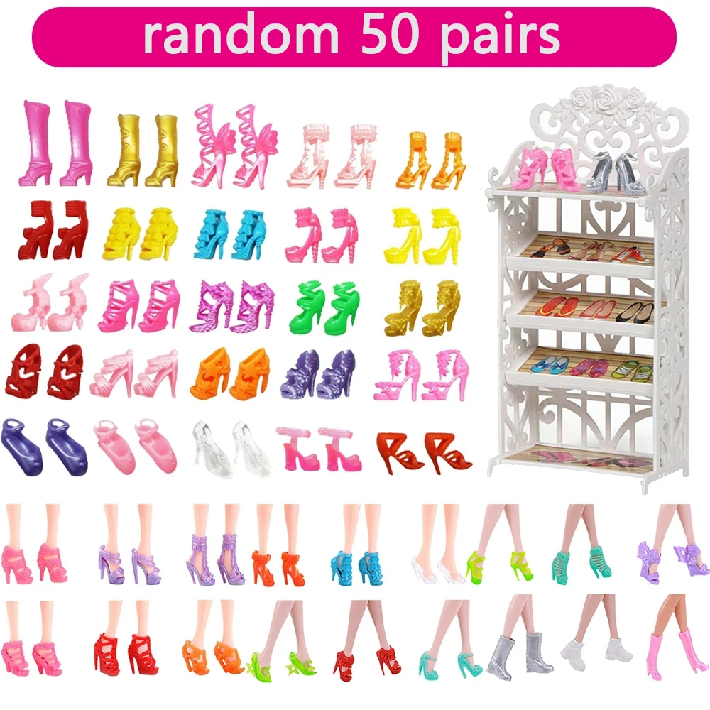 Random 50 Pairs Doll Shoes High Heels Boots Sandals Slipper Assorted Doll Shoes for Barbie Doll Accessories Baby Girl House Toys