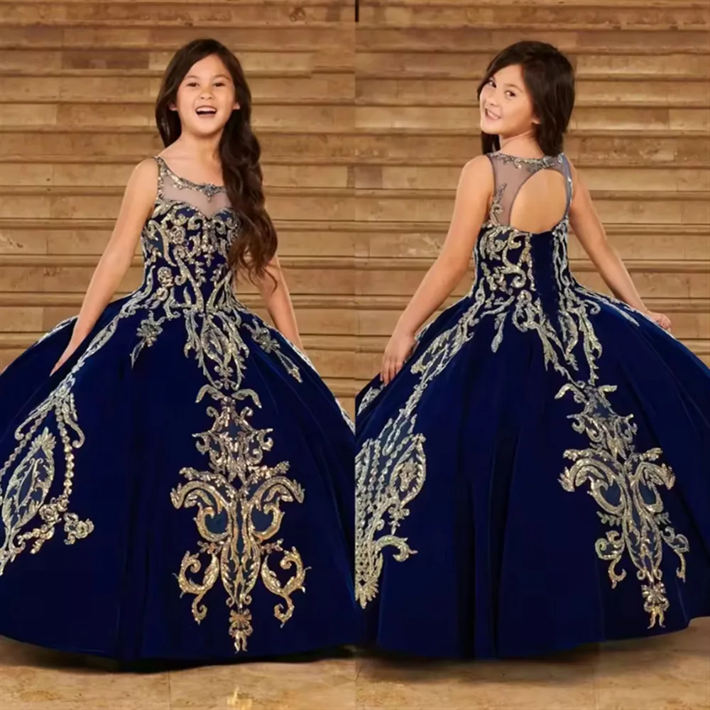 

Luxury Sleeveless Flower Girl Wedding Dress Princess Glitter Appliques Dress Kids Elegant Birthday Party First Communion Gown