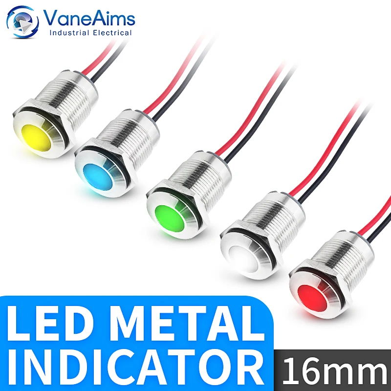 2pcs 16mm Metal LED Indicator Light DC/AC 3-48V Waterproof IP67 Warning Signal Lamp Red Yellow Green Blue for Car Boat Dashboard