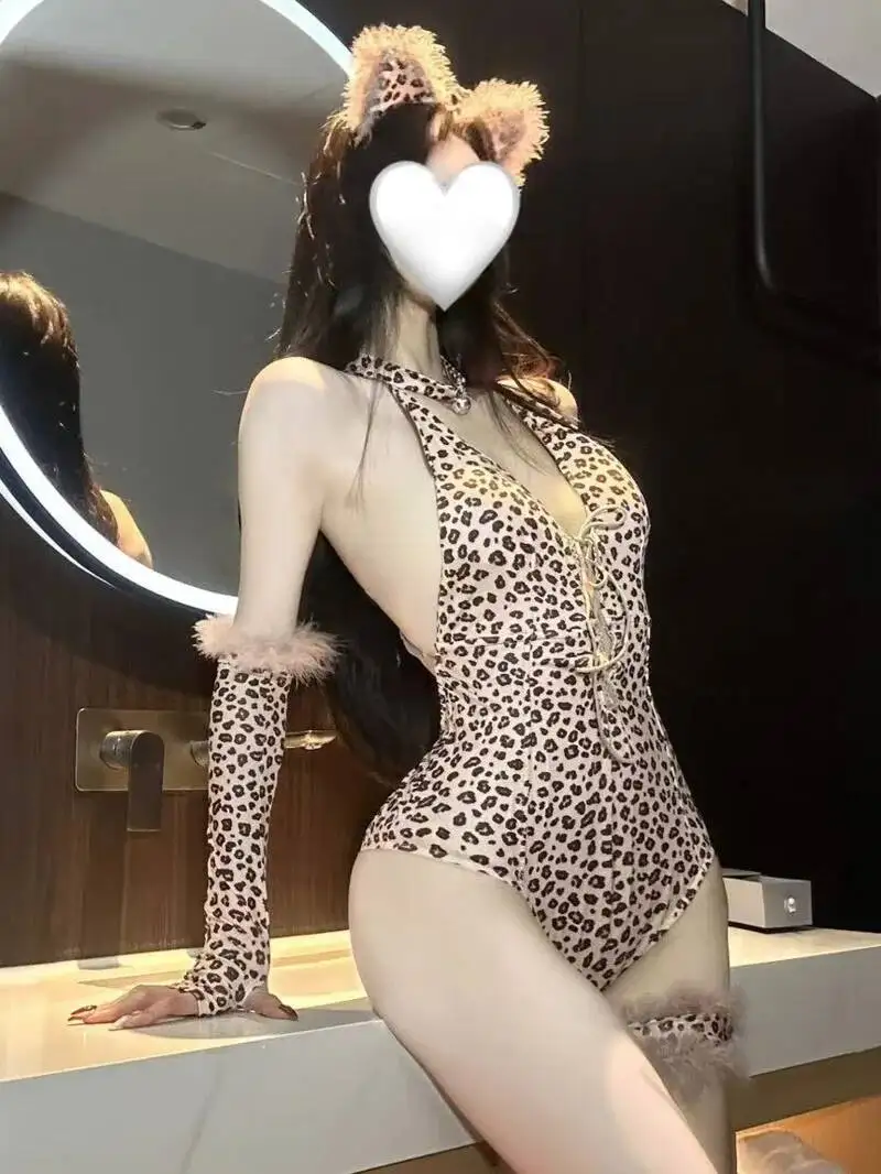 Sexy Leopard Print Bodysuit With Furry Cuffs And Collar Plush Animal Ears Headband Set Bodysuits Outfit For Women Nightclub RGCS
