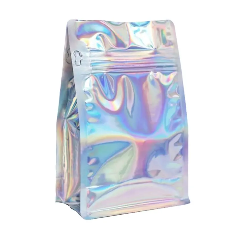 B23B Coffee Bean Pouches 8 Oz Holographic Coffee Bags 50Pcs With Valve, Resealable Flat Bottom Eight Side Sealed Food Storage Ba