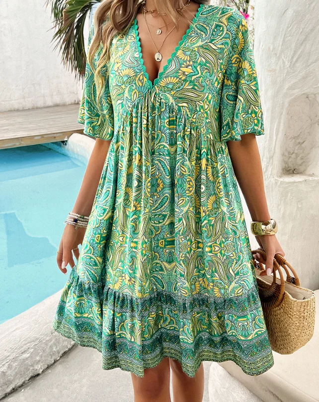 

Women's Dress 2025 Spring and Summer Latest Style Elegant Hot Selling Vacation Leisure Color Contrast Printed V-Neck Dress