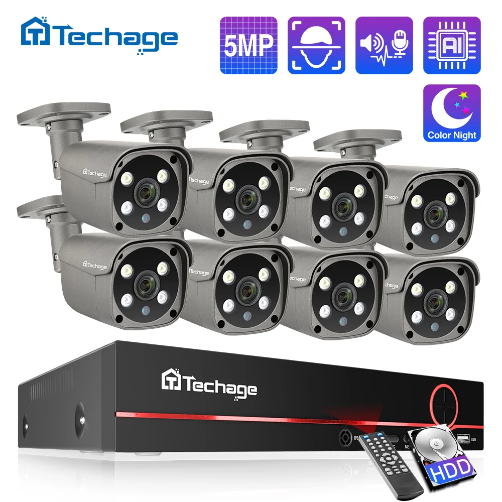 Système de caméra CCTV PoE Techage 5MP 8CH 4K avec audio bidirectionnel, détection intelligente des visages et des personnes par IA, kit de surveillance vidéo H.265 NVR