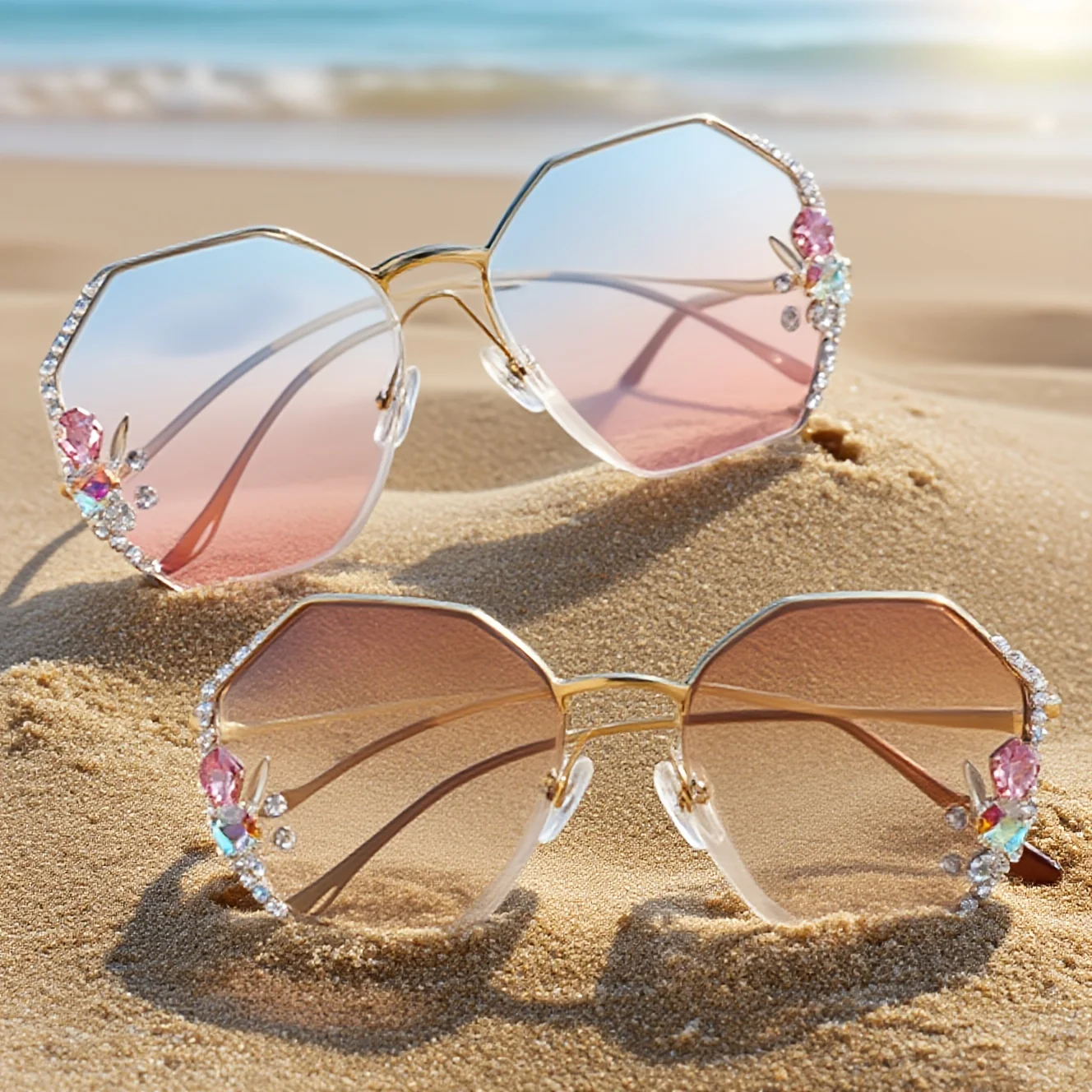 

2025 Luxury Brand Design Vintage Rimless Rhinestone Sunglasses Women Fashion Gradient Lens Sun Glasses Shades for Female