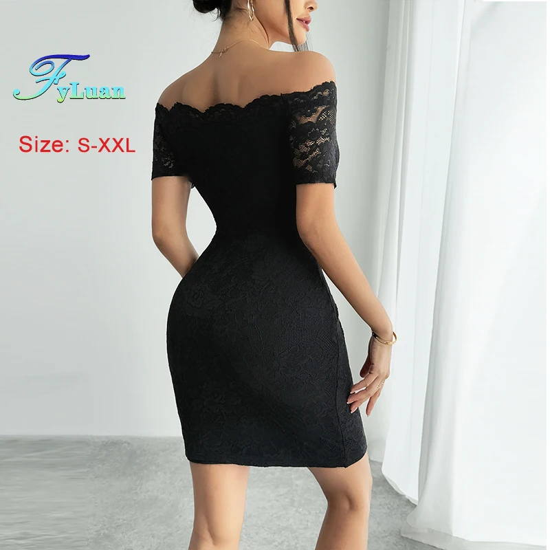 فستان نسائي صيفي جديد نحيف برقبة قارب قبالة الكتف دانتيل كم قصير حزمة سيدة الوركين فستان موضة فستان حفلات الكوكتيل