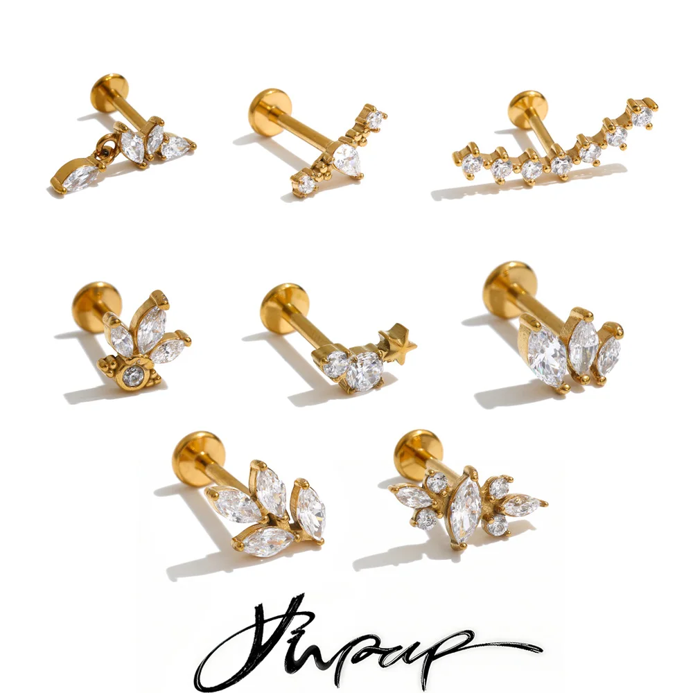 Yhpup 1PC 316 Stainless Steel Zircon Flower Flat Back Stud Earring Fashion Daily Helix Cartilage Conch Piercing Jewelry