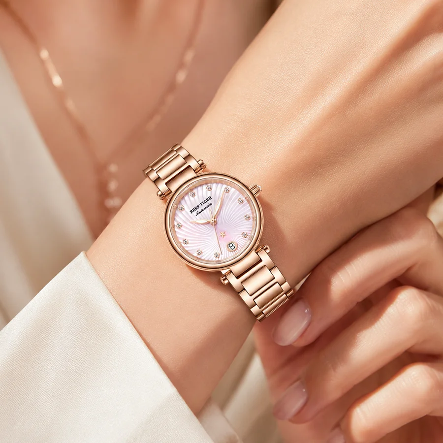 Reef Tiger/RT Luxury automatic mechanical women's watch, rose gold with diamond-set pink dial, women's bracelet wristwatch.