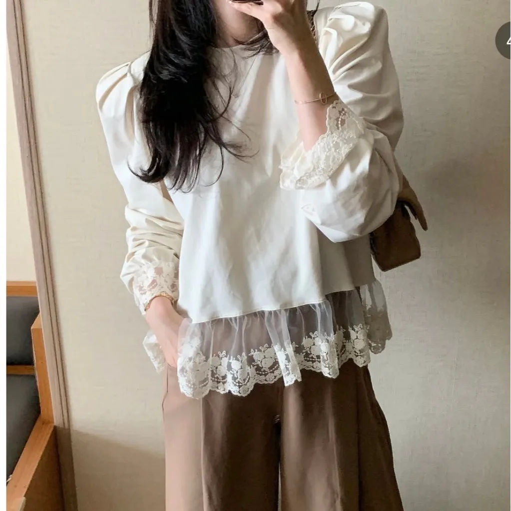 시크한 한국 스타일 여성용 긴 소매 레이스 스플라이싱 달콤하고 젊은 트림 장식 출퇴근용 루즈핏 통기성 좋은