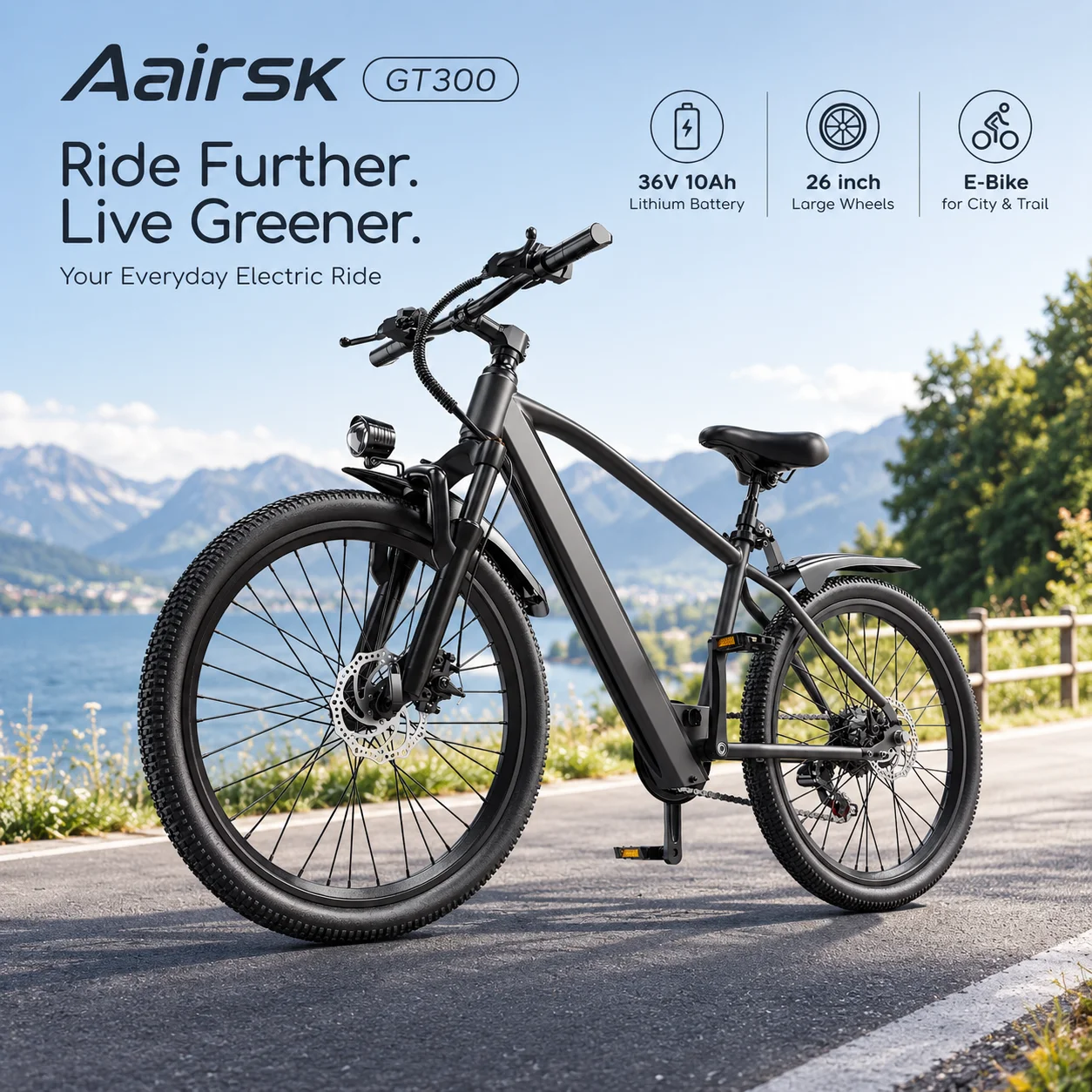 Aairsk GT300 Adult E-Bike 250W Motor 36V 10Ah Battery City Electric Bike 26 Inch Tire E-Mountain Bike Off-Road Electric Bicycle