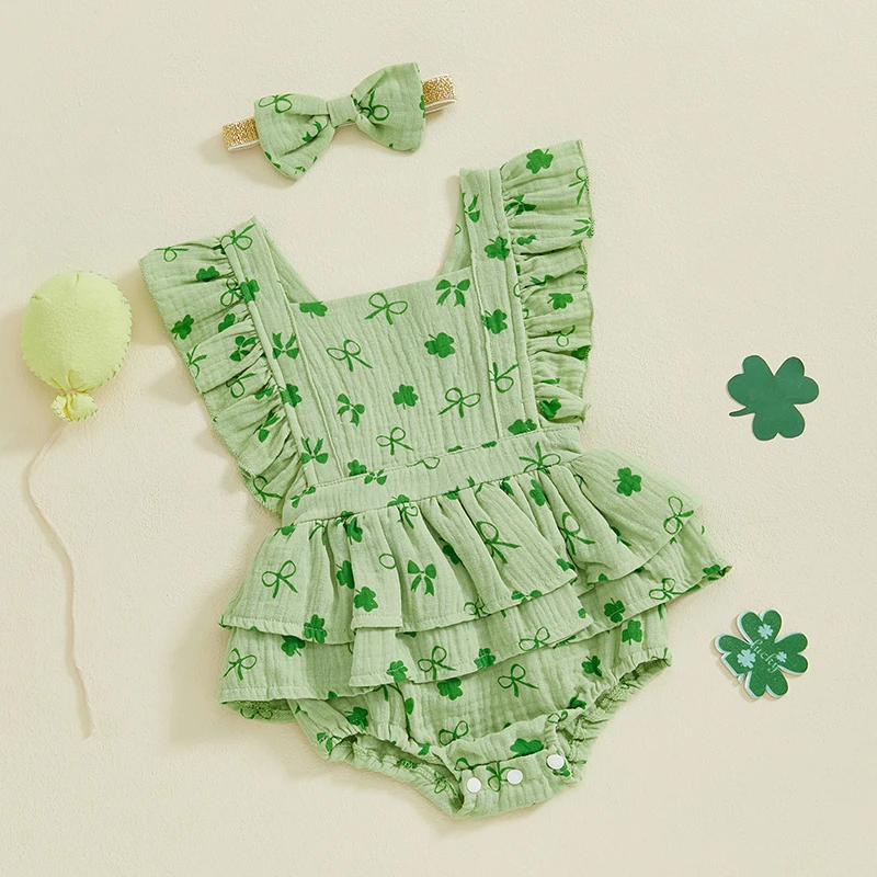 

Irish Princess Green Clover Print Sleeveless Romper with Ruffle Detail and Matching Bow Headband for Baby Girl