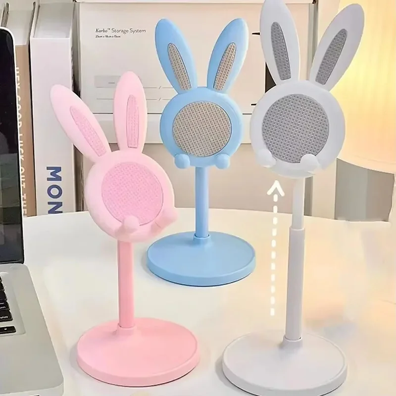 

Adjustable Cartoon Bunny Ear Phone Stand Cute Rabbit Universal Tablet Holder Desktop Retractable Organizer For Home Office Decor