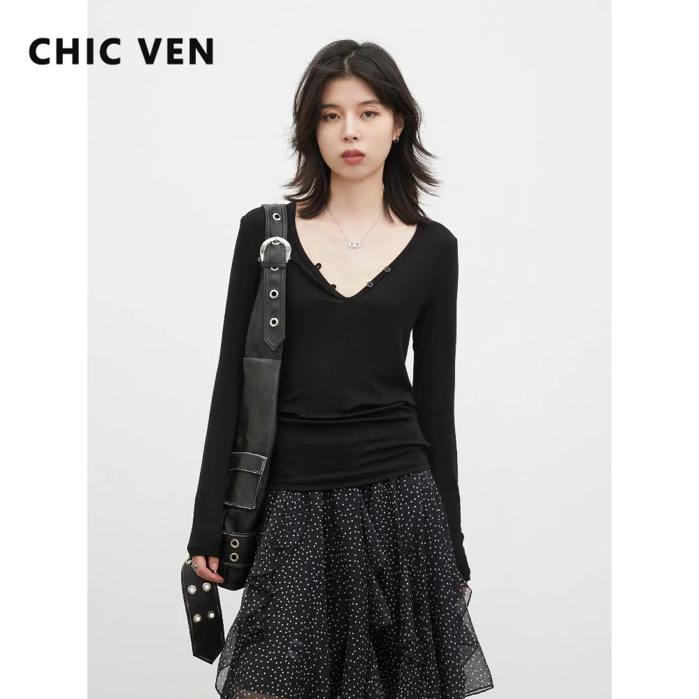 CHIC VEN Korean Women Pullovers Fashion V-neck Solid Slim Long-sleeved T-Shirts Female Casual Sotf Base Tops Spring Autumn 2026
