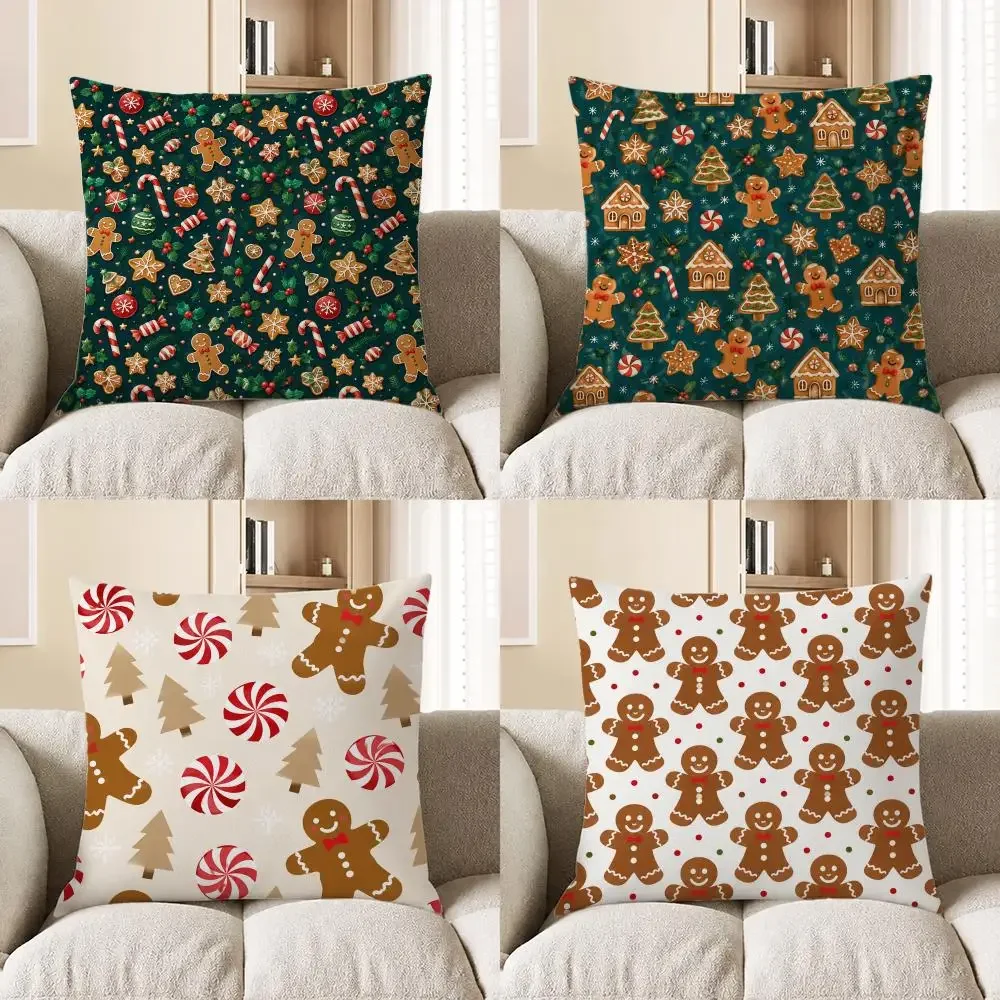 Cute Art Christmas Gingerbread Man Candy Cane Scatter Cushion Cover Short Plush Cushion Cover Pillowcase Home Decor for Sofa