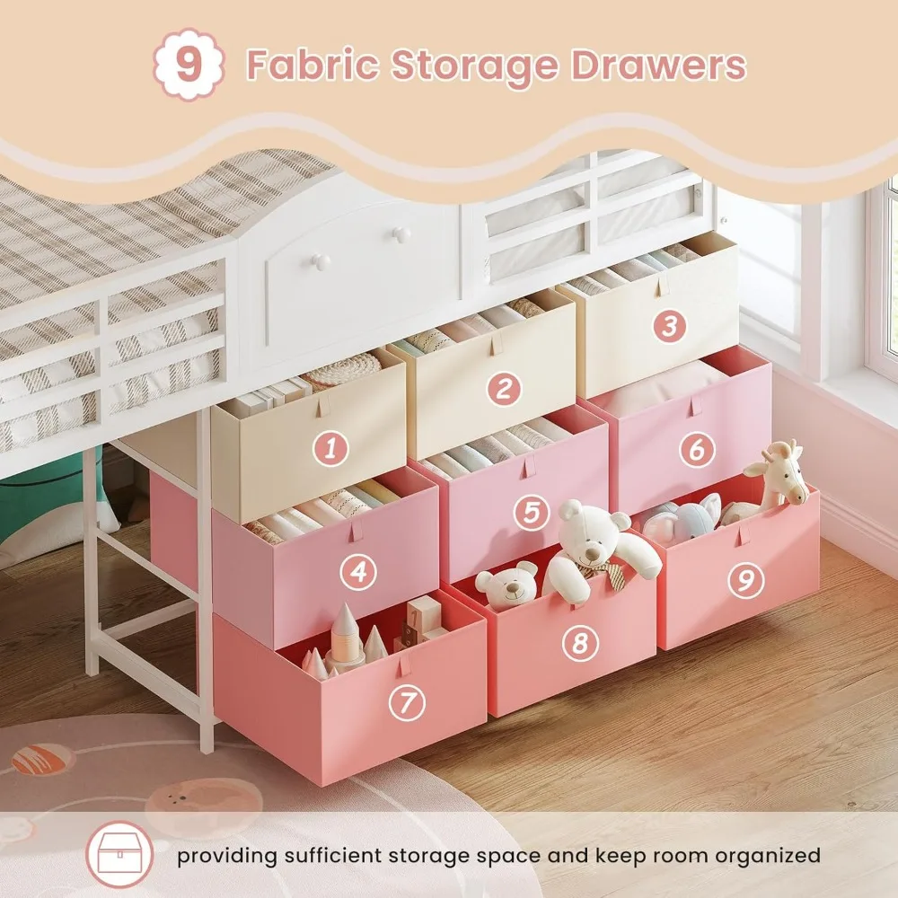 سرير علوي منخفض الحجم مزدوج مع 9 أدراج وأضواء LED وإطار معدني وتخزين الدرج