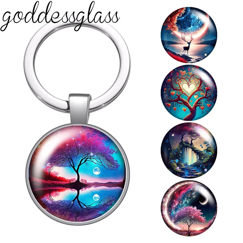 Moon night Life Tree Magical Tree Beauty Photo 25mm glass cabochon keychain Bag Car key chain Ring Holder Charms keychain