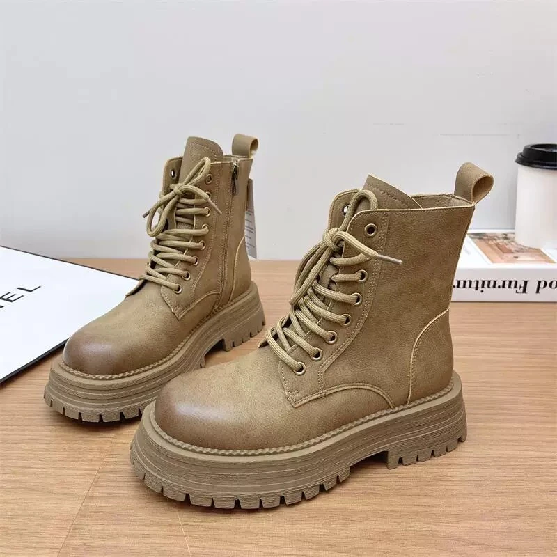 New Fashion Winter Women's  Retro System British Frenulum Motorcycle Boots Thick Platform  Shoes For Women Ankle Round Toe Boot