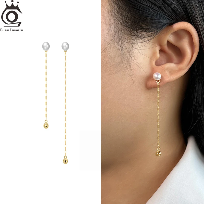 

ORSA JEWELS Fashion S925 Silver Pearl Tassel Earrings for Women Girls Baroque Freshwater Pearls Ear Line Eardrop Jewelry GPE42