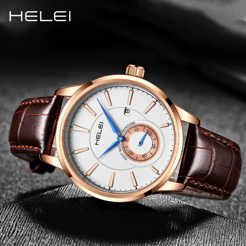 남성용 럭셔리 쿼츠 시계, 가죽 쿼츠 시계, 셀프 와인딩 캘린더 디스플레이 바 다이얼, 비즈니스 포인터 시계, HELEI2024