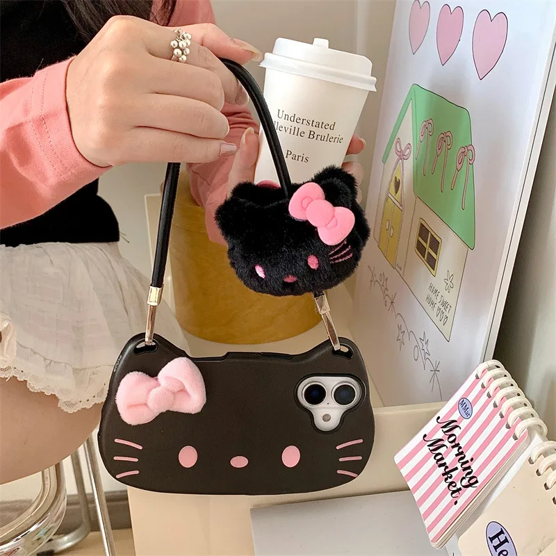 

Sanrio Cartoon 3D Black Pink Hello Kitty Iphone 14/13 Suitable for Apple 16/15 Promax Phone Case Anti Drop Cute Christmas Gift