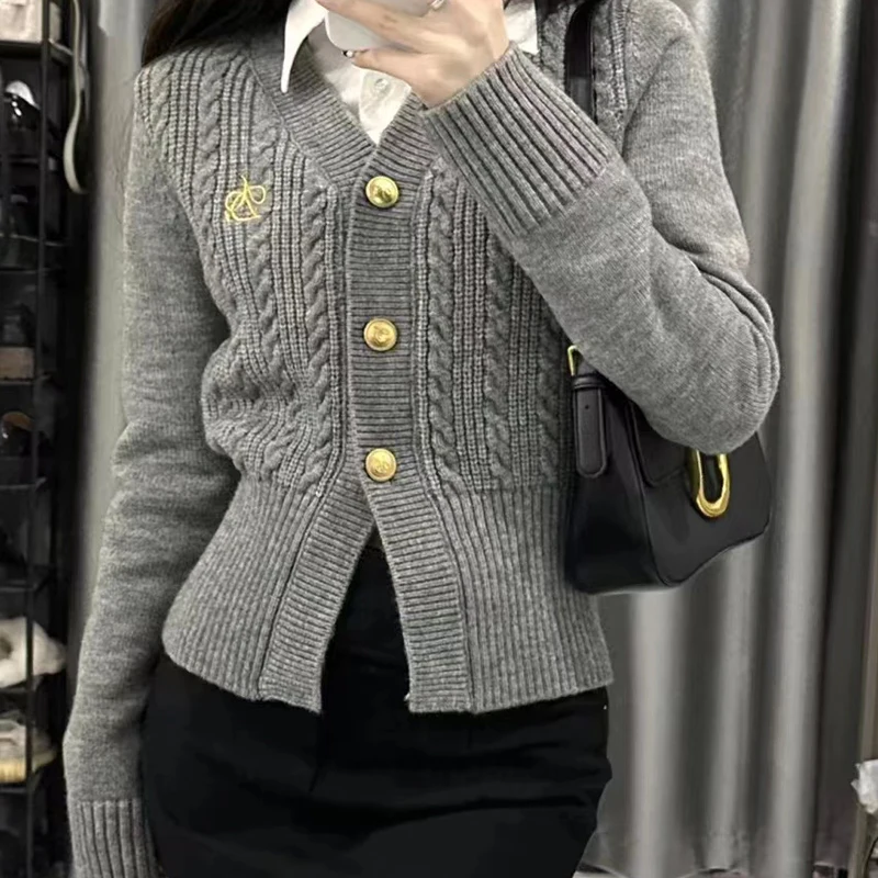 Female Casual V-Neck Red Knitted Sweater Coat Slim Single-Breasted Gray Knitwear Women\'s Long Sleeve Cardigan Sweater