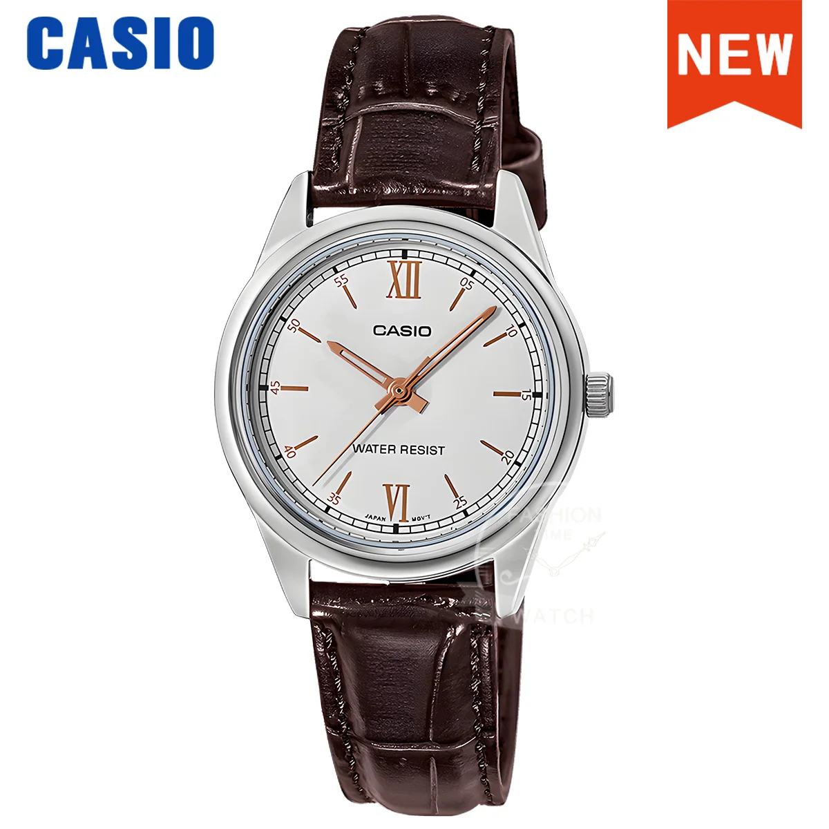 Reloj de cuarzo analógico para mujer CASIO serie LTP-V005L, correa de cuero de 28 mm, caja de acero inoxidable, reloj de pulsera resistente al agua hasta 30 m