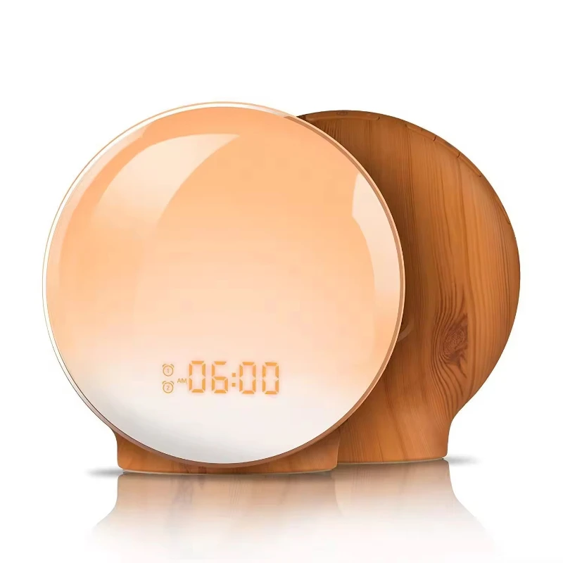 

Hot Sale Multifunctional Wood Grain Sunrise Aram Clock Wake Up Digital Desk Clock USP Natural Sound FM Radio 7 Color Light