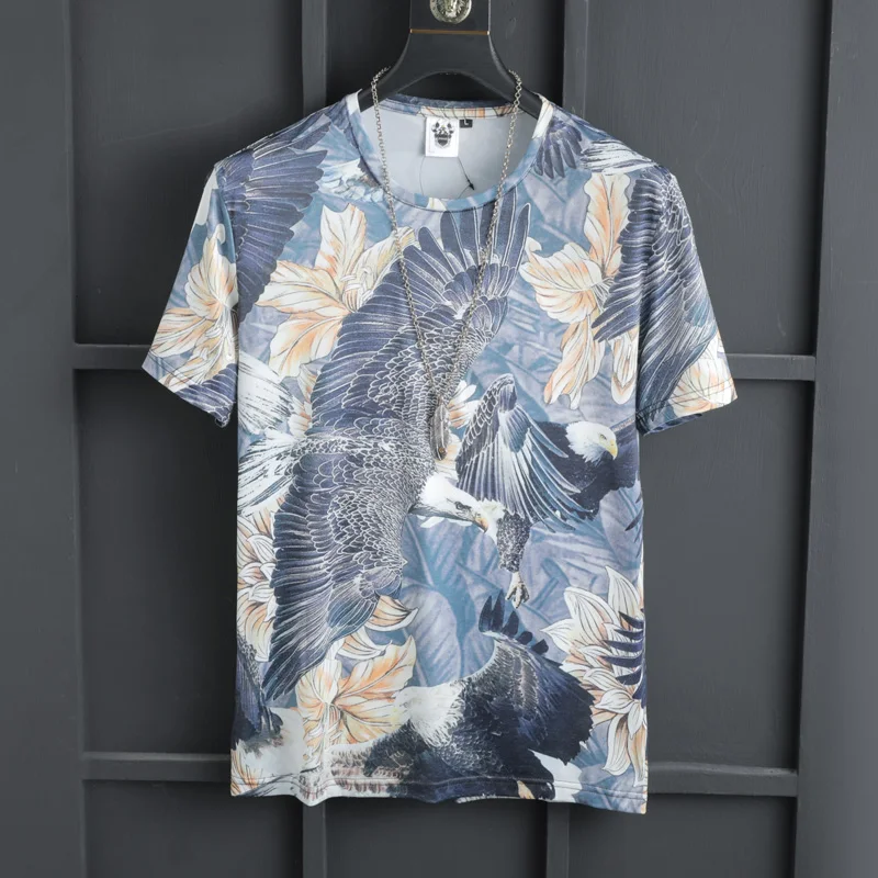 

European and American men's wear summer 2022 new Eagle print with short sleeves and round collar Fashion ice silk T-shirt