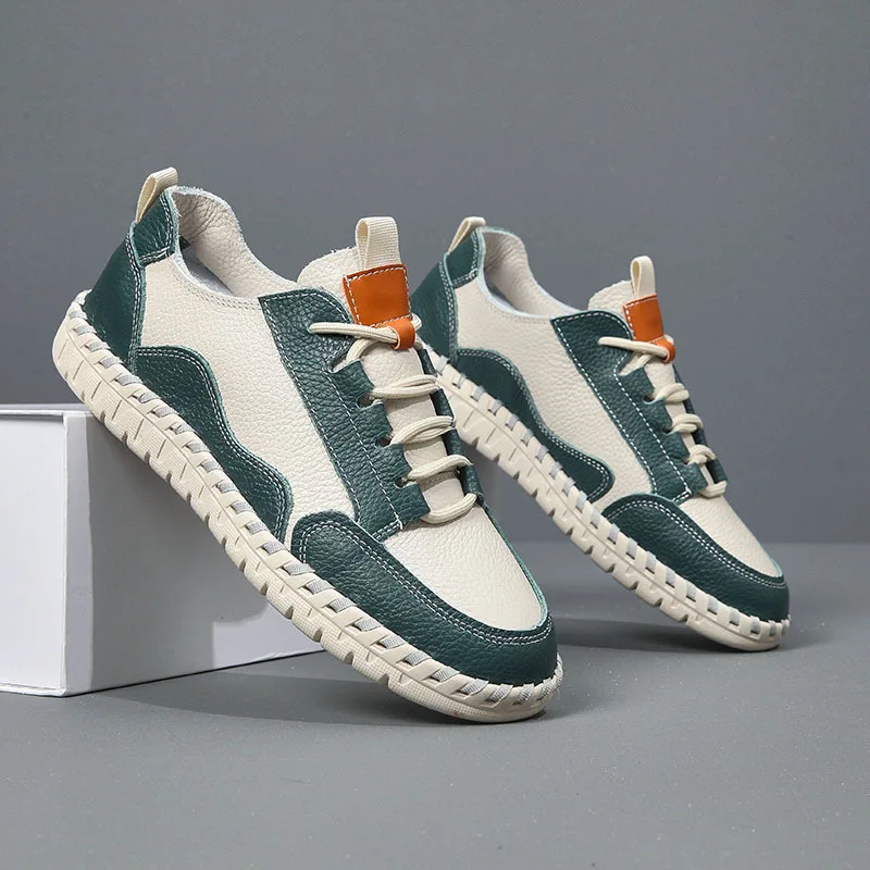 New Shoes for Men Cow Leather Casual Shoes Soft Sole Flat Skateboard Shoes Street Fashion Lace-up Sneakers
