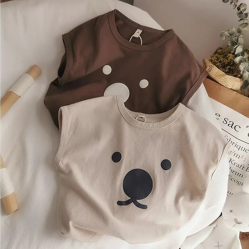 

Children's Undershirt Summer New Summer Solid Color Bear Print Undershirt Small Children Baby Sleeveless Tops Thin Section