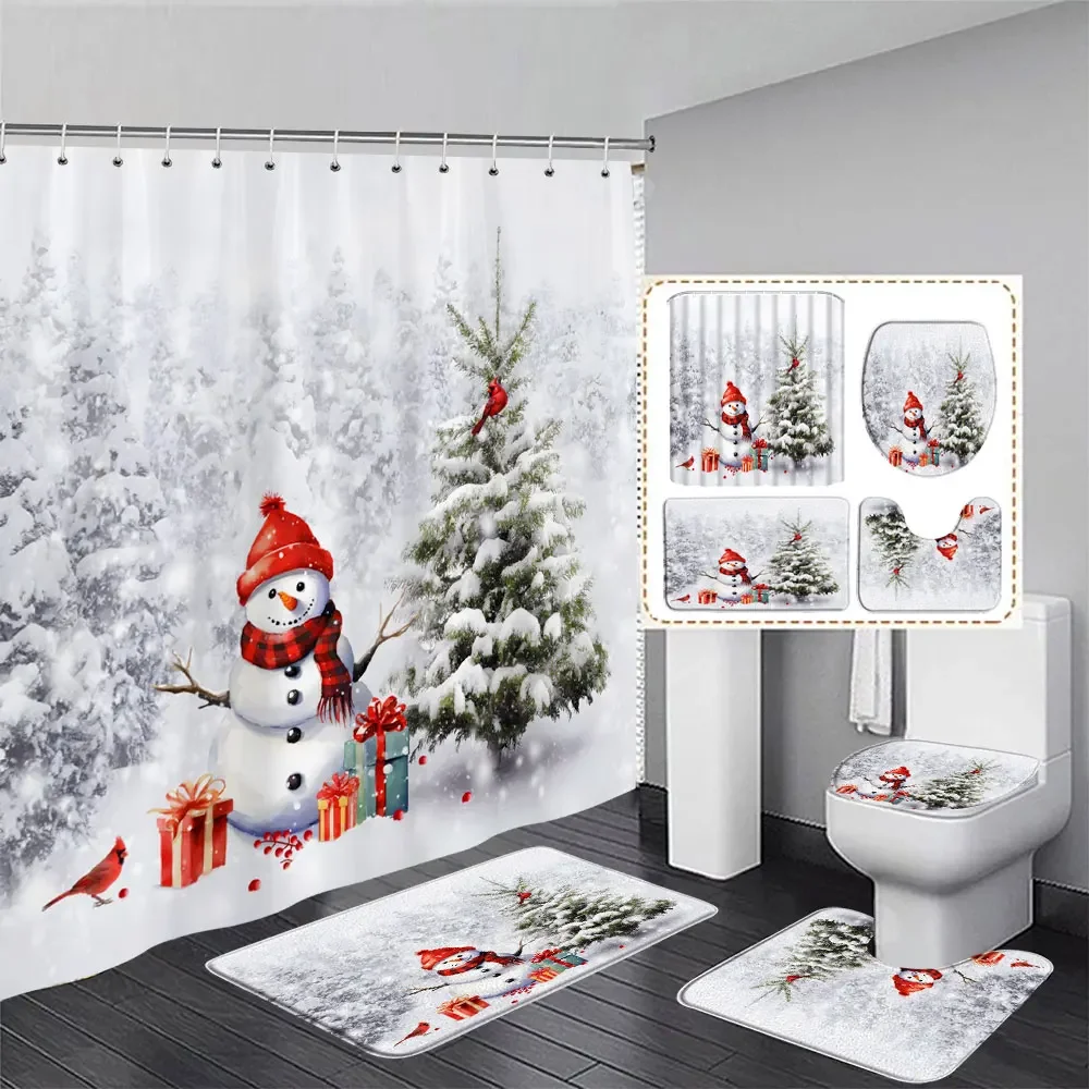 Christmas Gift Snowman Shower Curtain and Rug Set Father Christmas Pink Bathroom Decor Shower Curtains Rug Bath Mat Toilet Cover