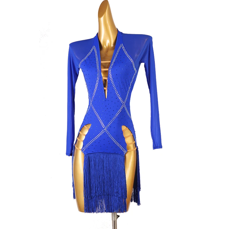 Adult Latin Competition Dance Skirt Blue Elegant Rumba Samba Tassel Dancing Dress Women Long Sleeve Standard Latin Skirt