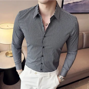 Camisa xadrez de manga comprida masculina, Slim Fit, Negócios, Casual, Social, Roupa formal, Blusas, Preto, Branco, 4XL, M, Novo, Outono, 2023