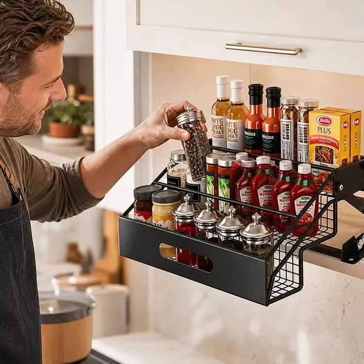 Hydraulic Lifting Spice Rack Built-in Kitchen Cabinet, No Drilling Multi-layer Condiment Storage Organizer Shelf