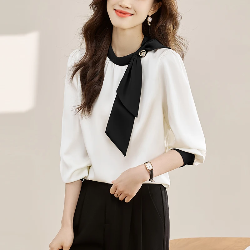

Korean Stylish Bow Satin Blouse Women Clothes 2024 Spring Elegant Loose Pullovers Top Mujer Long Sleeve Patchwork Contrast Shirt