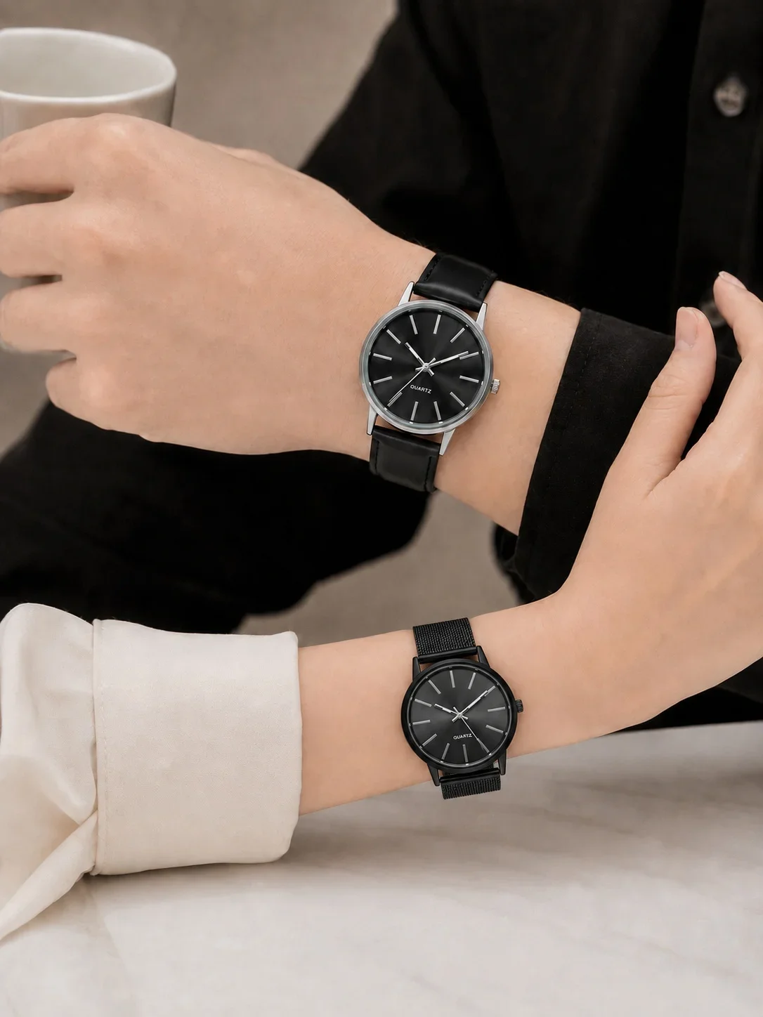 2Pcs Lovers Watch Set Classic Minimal Mesh & Leather Strap Analog Quartz Wristwatch Men Women Fashion Couple Matching Timepieces