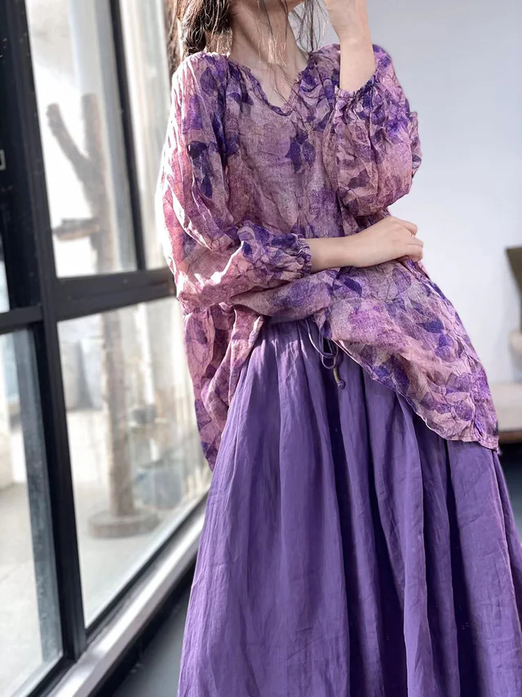 Conjunto de Dos Piezas de Falda Midi y Csa de Lino y Aodón Estampado, Estilo Dulce, Hoado, Manga Larga, Cuello Redondo...