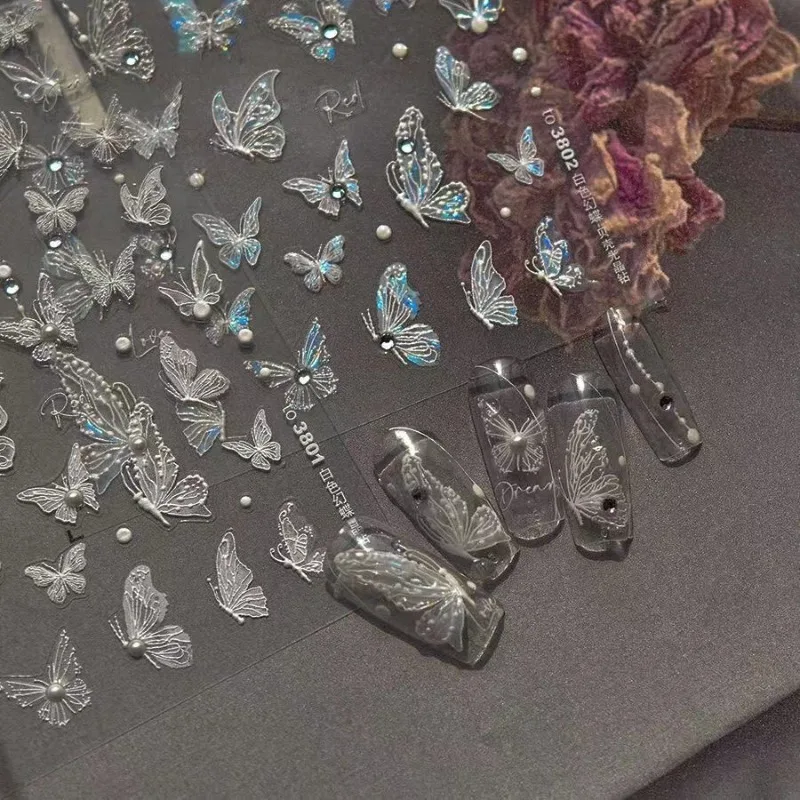 

5 шт., легкие динамические наклейки для ногтей с бабочками и расширенным смыслом, прозрачные и прозрачные милые 3D наклейки для ногтей с сказочной бабочкой