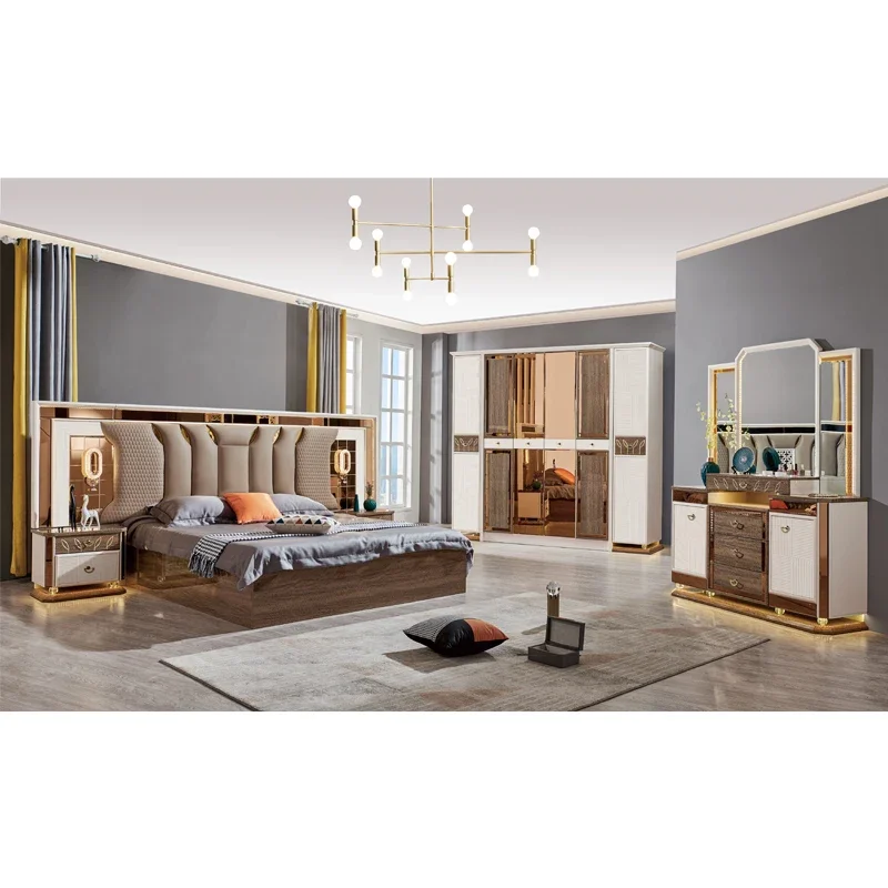 #Contemporary Wood King Padded Leather Bed Modern Luxury Bedroom Furniture Set with Storage